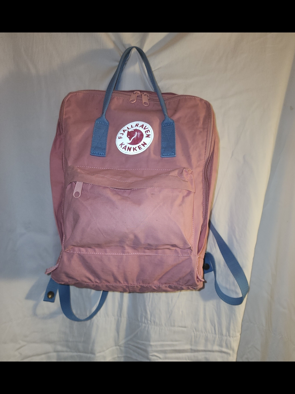 Fjallraven Kanken Rose Pink Backpack with Blue Straps